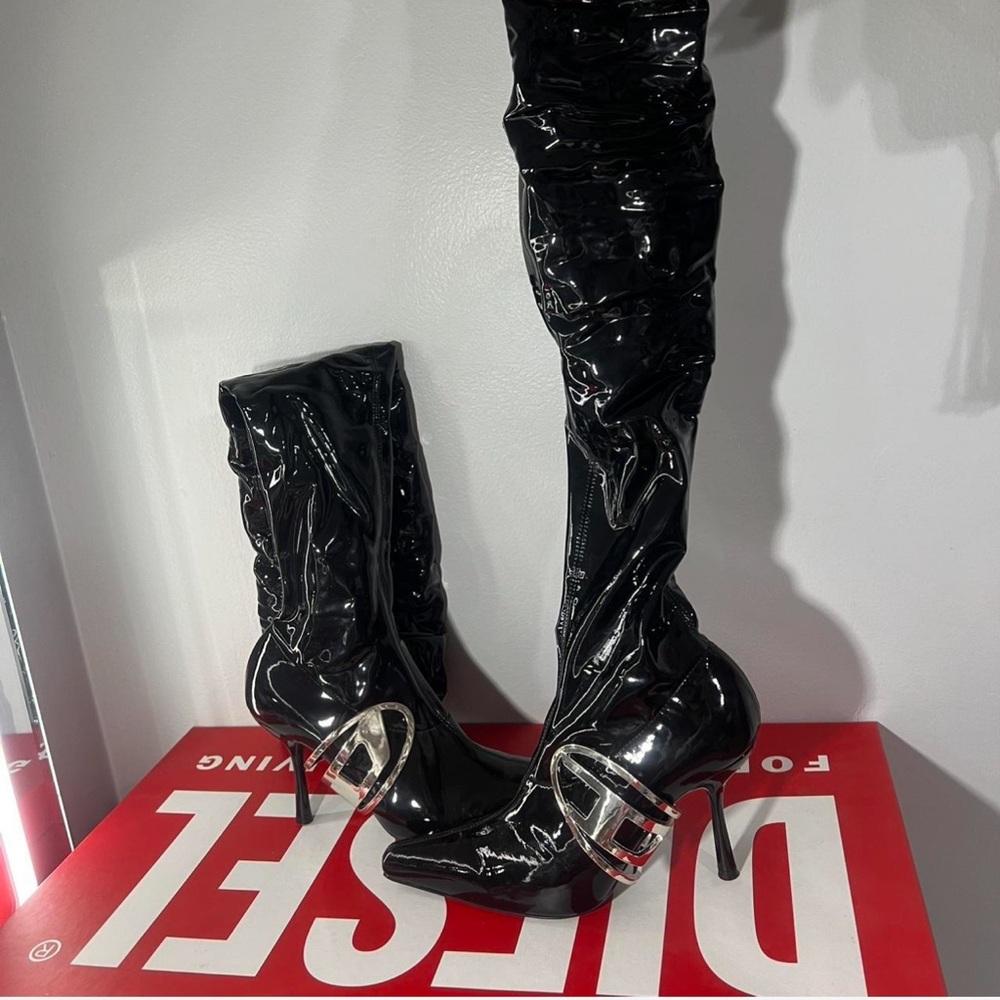 Diesel Shiny Black Over the Knee Boots